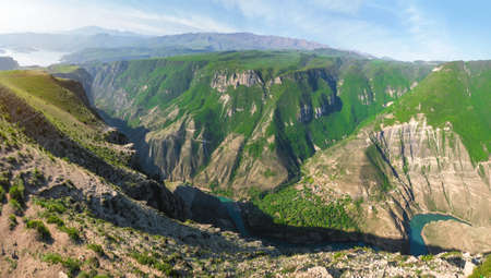 Hydroelectric power station on the Sulak river near the village of Dubki. Russia, Republic Of Dagestan. Panoramic view.の写真素材