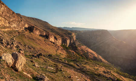 Mountain valley with a river. Panoramic view. Dagestan. Russia.の写真素材
