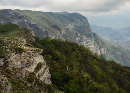 Dramatic mountain scenery with river in valley among motley rocks under cloudy sky. Scenic caucasian green landscape with mountain river in deep gorge under overcast sky with flying eagle.の写真素材