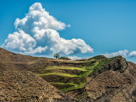 Mountain trekking. View of many small mountain lakes that serve as a lazy herd of cows.の写真素材