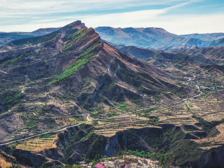 The city on the rock. Authentic Dagestani mountain village of Gunib. Russia. Aerial view.の写真素材