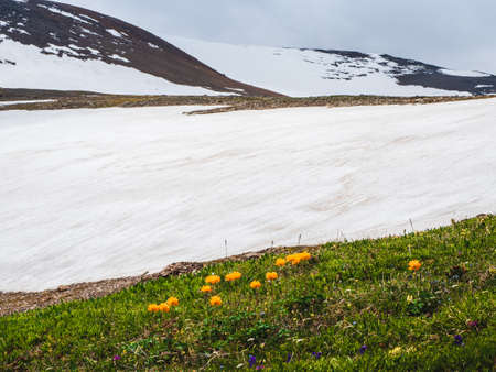 Snow mountain dome. Big snowy mountain. The top of the mountain Dome of three lakes. Altai mountains. Panoramic view.の写真素材