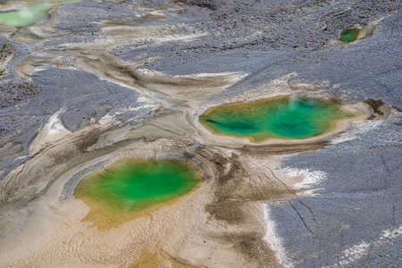 A line of trees in a field on the horizon against the background of the village. Protection of fields from erosion. The nature of the Altai Mountains. Siberia, Russia.の写真素材