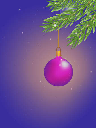 Christmas dark blue background with fir branches and sparks with festive purple ball decorations. Christmas frame with festive decorations, copy space.の写真素材