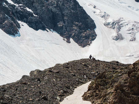 Climbing the glacier. Big Aktru Glacier, high in the mountains, covered by snow and ice. Altai winter landscape. View of snowy slope on the way to the pass in the mountains.の写真素材