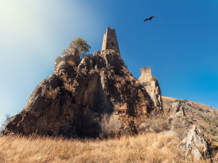 Old Egical towers complex, one of the largest medieval castle-type tower villages, located on the extremity of the mountain range in Ingushetia, Russia.の写真素材