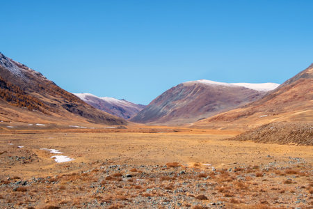 Desert landscape. Picturesque steppe autumn landscape with snow covered mountains, steppes with...