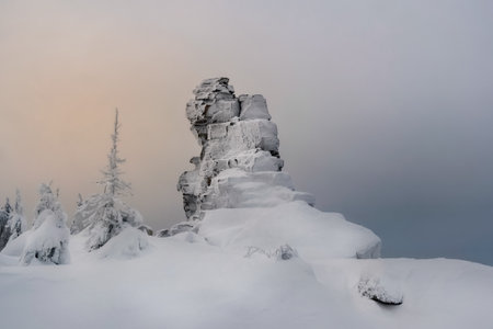Mystical dawn in the snow-covered mountains. Natural stone statues, rock pillars, weathering posts. High stone cliff covered with snow and rise above the coniferous forest at sunrise.の写真素材