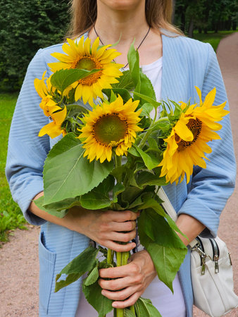 Young woman with beautiful sunflowers on summer forest background, close up, vertical view. Flower small business. Beautiful bouquet of blooming fresh flowers.の写真素材