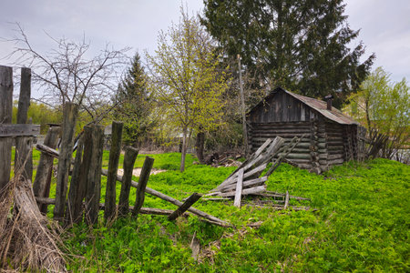 Abandoned old wooden house and ruined wooden fence among the trees. Rural spring landscape. Abandoned old log house in Russiaの写真素材