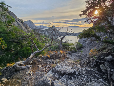 Mountain hiking track. Narrow cliff side mountain road through sharp rocks. Off road driving along mountain edge and steep cliffs.の写真素材
