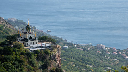 Church on the rock. Panoramic view of the Church of the Resurrection of Christ in Foros. Crimean Peninsula.の写真素材
