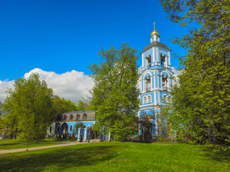 Spring view of temple of the icon of the Mother of God "The Life-giving Spring" in Tsaritsyno. Moscow. Spring in the city park.の写真素材