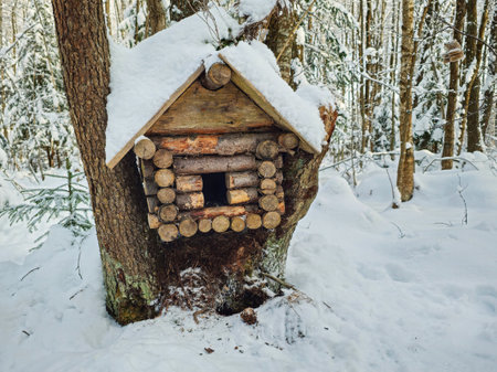 Big wooden birdhouse shaped like a log cabin with a snow covered roof stands in the forest.の写真素材