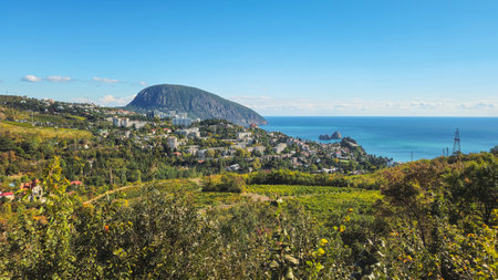 Panoramic view of the southern coast of Crimea, the village of Gurzuf. Sunny autumn view.の写真素材
