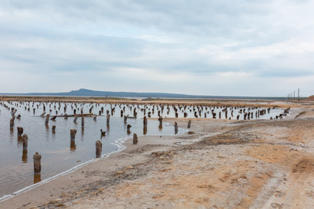 The Lake Baskunchak. Salt lake with wooden drains. Coastal barrier, wooden breakwater, poles, blue sky with clouds over the lake.の写真素材