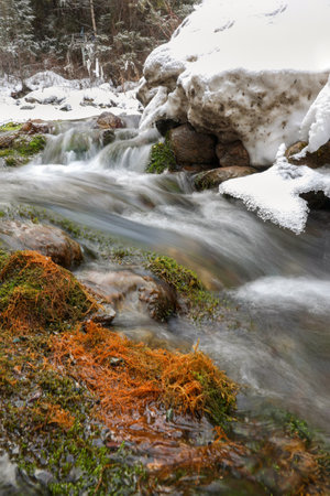 Fast river. Snow fall in the mountain in winter season. Wintertime with Chuya River in the Altai Republic. Vertical view.の写真素材