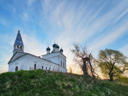 Rustic spring landscape at dawn. The Church of the Kazan Icon of the Mother of God in 1783. Yaroslavl region, Russian hinterland.の写真素材