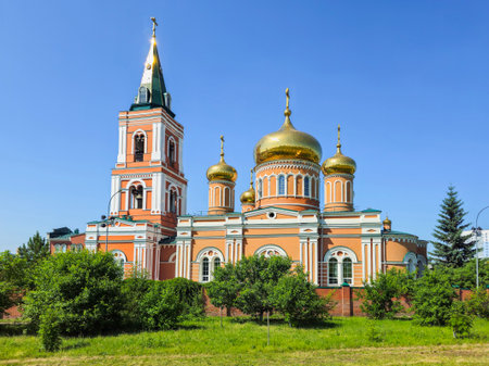 Znamenskaya Church, Orthodox church in Barnaul. Beautiful sunny summer day, a temple on a blue...