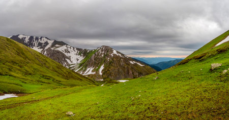 Panoramic mountain scenery in changeable weather. Green vegetation and stones on grassy slope....