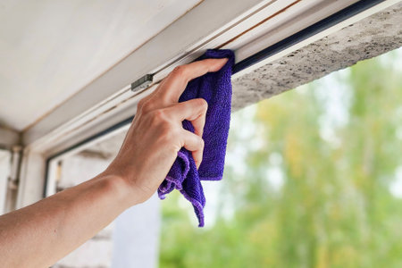A person is cleaning a white plastic window frame by hand using a purple microfiber cloth. This...