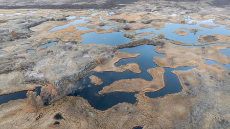 Photo of the view on texture of the Earth. Craters filled with water. Autumn marshes, marshy steppe...