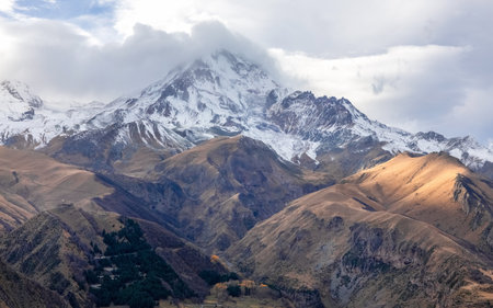 Vivid autumn colors in mountains. Mount Kazbek, Stepantsminda, Georgia. The nature of Georgia.の写真素材