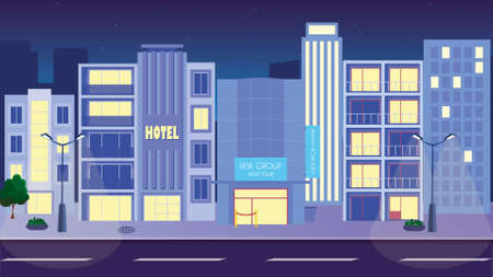 Night City Life Concept. Town street. Urban Landscape Banner with buildings, trees, shop, stores, sky and stars. Vector illustration. Cityscape with Hotel, Restaurant and Night Club.のイラスト素材