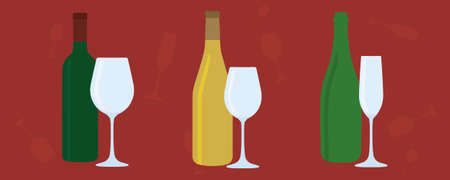 Set of different wine bottles and glasses. Serving wine. Simple isolated flat vector illustration in pastel colors for your design.のイラスト素材