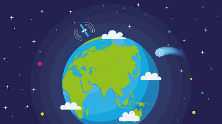 Vector image of Earth in space. Illustration of cartoon space background, planets, stars, comets in flat design. World attacked by corona virus covid 19 comet.のイラスト素材