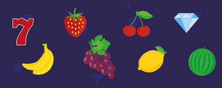 Colorful slots icon set for casino slot machine, gambling games isolated icons, mobile puzzle game design, vector illustration of grape, strawberry, cherry, lemon, watermelon and etc.のイラスト素材