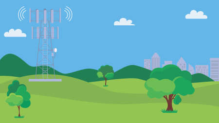 Cellular transmission tower. Wireless radio signal connection with buildings. Mobile communications tower with satellite communication antennas. Landscape wireless tower.のイラスト素材