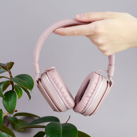 Stylish pink headphones in female hand on the background of a green plantの写真素材