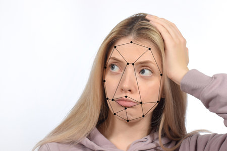 portrait of pretty woman and face recognition systemの写真素材