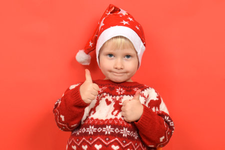 funny portrait of a boy, a child in a Santa Claus hat, Christmasの写真素材