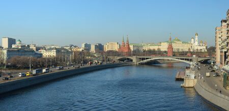 Moscow, Russia - Marchl 1, 2014: View of the Moscow Kremlin (Heart of Moscow), The Bolshoy Kamenny Most (Big Stone Bridge) and the Moskva River from the Patriarshy Bridgeのeditorial素材