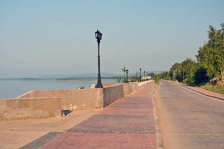 Street lights on the embankment of the River Lena, Lensk, Yakutia, Siberiaの写真素材