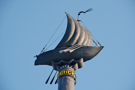 Lensk, Russia - June 20, 2014: Stella on the waterfront in the city of Lensk, Republic of Sakha