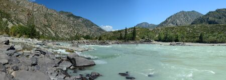 sandy beach on the river Katun, Altai Mountains, Siberia, Russia