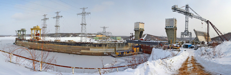 upstream hydropower plants: crane, hydraulic lock, the section of hydraulic barriers, metal...