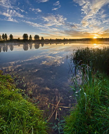 Sunrise on the lake shore at summer timeの写真素材