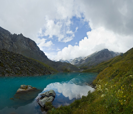 Beautifull valley with view to mountains and  turquoise  lake in Altaj, Russia  at the summerの写真素材