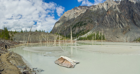 Beautifull valley with view to mountains and   lake with a man on the shore in Altaj, Russia  at the summerの写真素材
