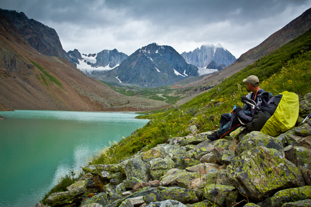 Beautifull valley with view to mountains and  clear lake in Altaj, Russia  at the summerの写真素材