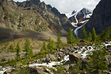 Beautifull  view to snow mountains and green trees with sunlight and sky   in Altaj, Russia  at the summerの写真素材