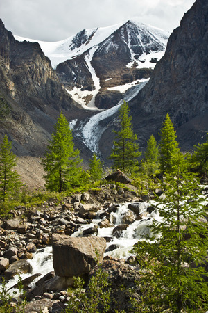 Beautifull  view to snow mountains and green trees with sunlight and sky   in Altaj, Russia  at the summerの写真素材