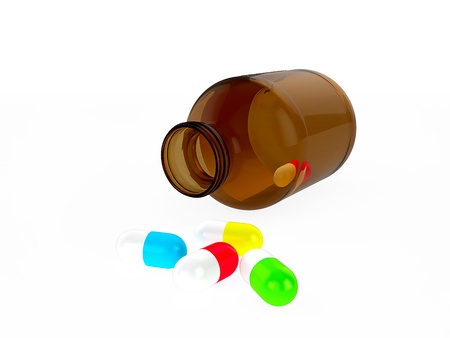 Glass medical container for pills or capsules and different colors capsules  3d renderの写真素材