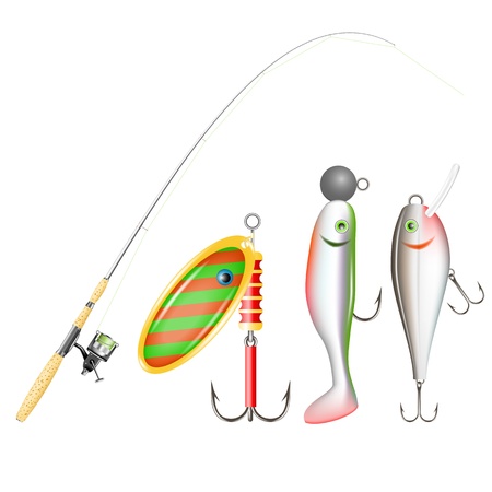 Fishing rod, reel and lures  Vector illustrationのイラスト素材