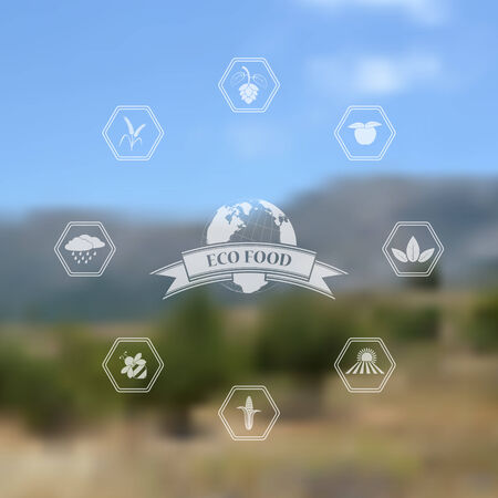 blurred background with eco and organic food icons and badgesのイラスト素材
