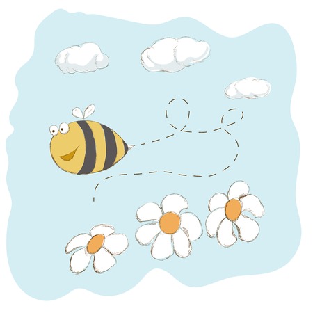 Cute bee flying around flowersのイラスト素材